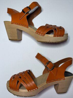 Cape Clogs Womens Size 39 Orange Wooden Platform Sandals Swedish Heels Slingback
